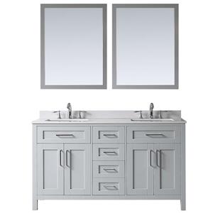Meuble-lavabo double Tahoe, fini gris, comptoir de marbre et miroirs, 60 po