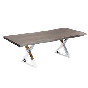 Table en bois d'acacia gris de Corcoran, 84 po, bords naturels, pattes en X en acier inoxydable