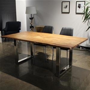 Table en acacia de Corcoran, bords naturels, 80 po, pattes en U en acier inoxydable