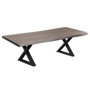 Table en bois d'acacia gris de Corcoran, bords naturels, pattes en X en métal noir