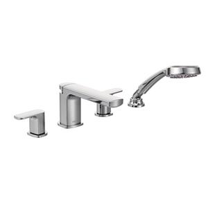 Robinet de baignoire romaine avec douchette Moen Rizon , deux poignées, chrome (valve vendue séparément)