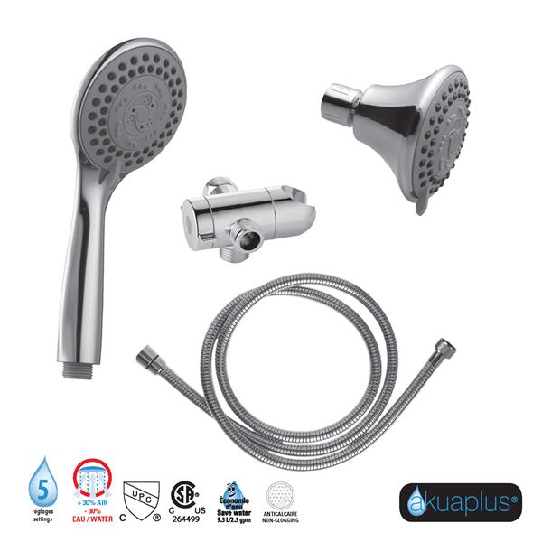 akuaplus® 3-Way Diverter Hand Shower - 5 Settings - Polished Chrome
