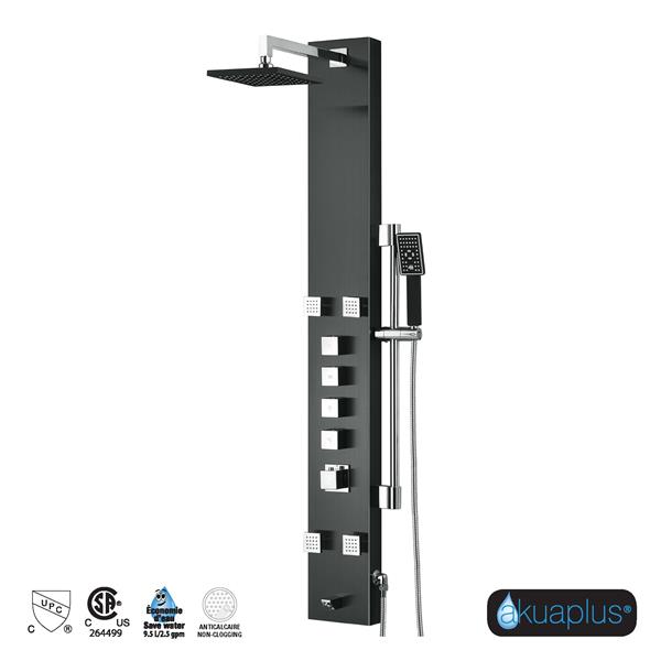 akuaplus Nora Stainless Steel/Matte Black Shower Panel with 4 Body Jets