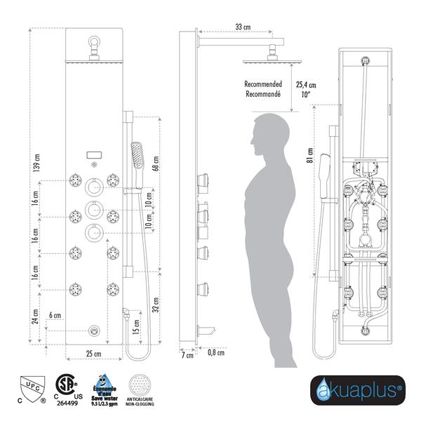 akuaplus® Tech Shower Panel 8 Body Jets Matte Black/Tempered Glass