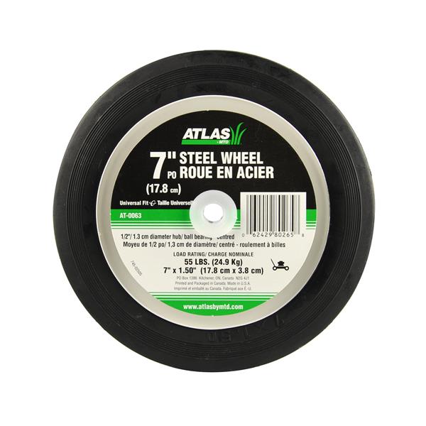 Atlas Replacement Steel Lawn Mower Wheel - Centered Ball Bearing Hub - 7-in