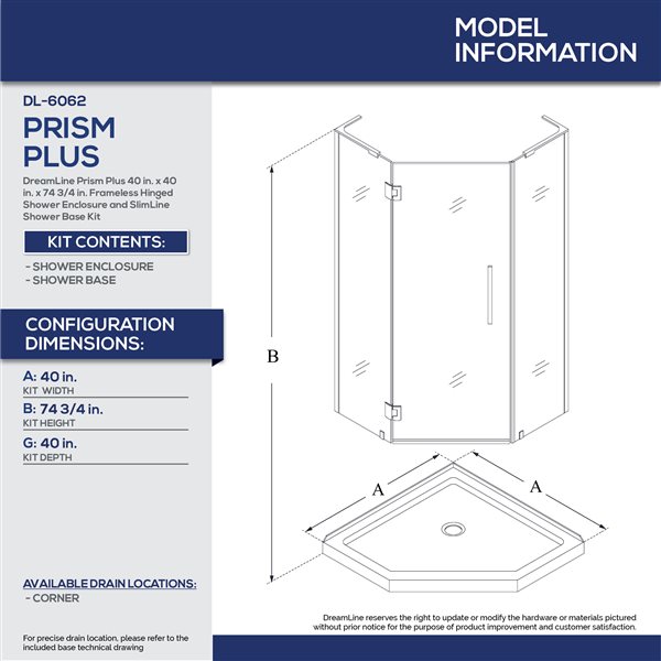 Prism Plus Shower Enclosure Kit 40 x 74 3/4 Frameless 10mm Pivot Door in Chrome with White Base Neo-Angle