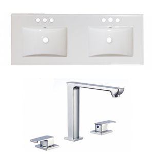 Ensemble lavabo double Xena d'American Imaginations, robinet à 2 poignées, 59 po x 18 po, céramique blanche