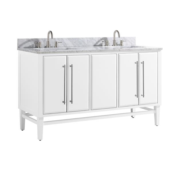 Avanity Mason 61-in White Double Sink Bathroom Vanity with Carrera White Marble Top with Brushed Silver Hardware