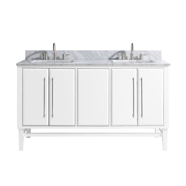 Avanity Mason 61-in White Double Sink Bathroom Vanity with Carrera White Marble Top with Brushed Silver Hardware