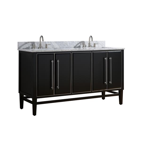 Avanity Mason 61-in Black Double Sink Bathroom Vanity with Carrera White Marble Top with Brushed Silver Hardware