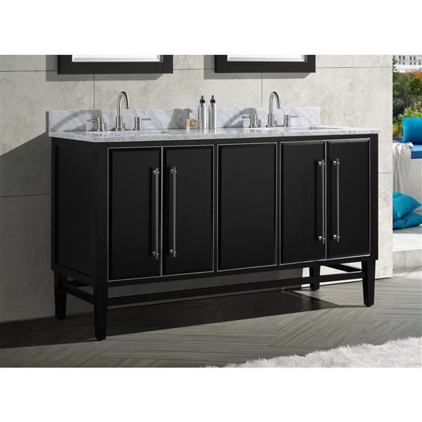 Avanity Mason 61-in Black Double Sink Bathroom Vanity with Carrera White Marble Top with Brushed Silver Hardware