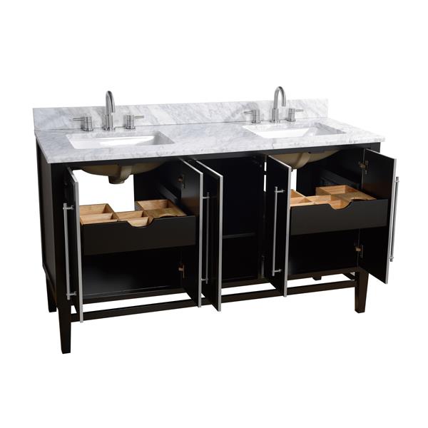 Avanity Mason 61-in Black Double Sink Bathroom Vanity with Carrera White Marble Top with Brushed Silver Hardware