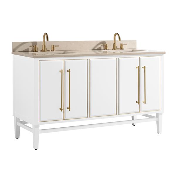 Avanity Mason 61-in White Double Sink Bathroom Vanity with Crema Marfill Marble Top and Gold Hardware