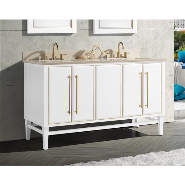 Avanity Mason 61-in White Double Sink Bathroom Vanity with Crema Marfill Marble Top and Gold Hardware