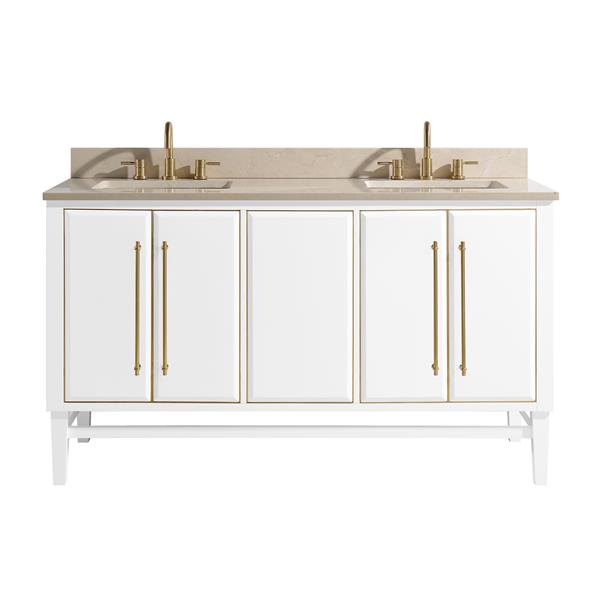Avanity Mason 61-in White Double Sink Bathroom Vanity with Crema Marfill Marble Top and Gold Hardware