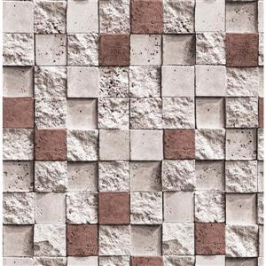 Dundee Deco Falkirk Ophia Wallpaper Roll - Square Bricks - Beige and Dark Red