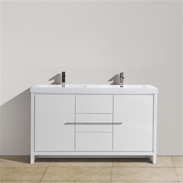 Meuble-lavabo blanc double Ember de GEF de 60 po avec comptoir en acrylique