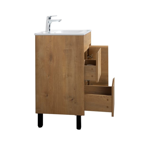 Meuble-lavabo simple Ava par GEF chêne givré de 24 po avec comptoir en porcelaine blanche (armoire à pharmacie inclus)