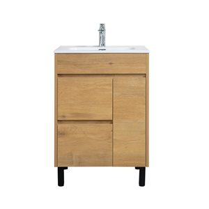 Meuble-lavabo simple Ava par GEF chêne givré de 24 po avec comptoir en porcelaine blanche (armoire à pharmacie inclus)