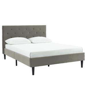 Lit plateforme capitonné à boutons en velours WHI, grand lit, gris