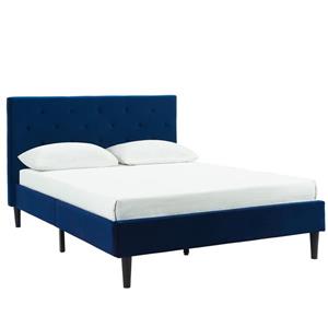 Lit plateforme capitonné à boutons en velours WHI, grand lit, bleu