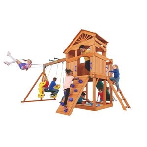 Aire de jeu extérieur de Creative Cedar Designs Timber Valley, violet et glissoire verte