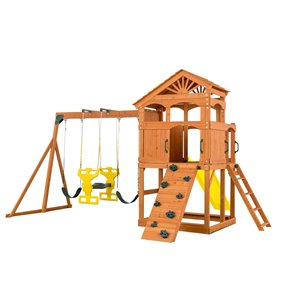 Aire de jeu extérieur de Creative Cedar Designs Timber Valley, vert et glissoire jaune