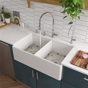 ALFI brand Apron Front/Farmhouse Kitchen Sink - Double Bowl - 32.75-in x 19.88-in - White