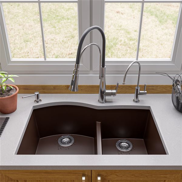 ALFI brand Undermount Kitchen Sink - Double Offset Bowl - 33-in x 20.75-in - Brown