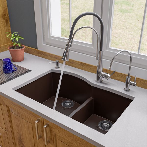 ALFI brand Undermount Kitchen Sink - Double Offset Bowl - 33-in x 20.75-in - Brown