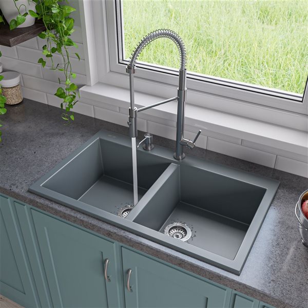 ALFI brand Drop-in Kitchen Sink - Double Bowl - 33.88-in x 20.13-in - Grey