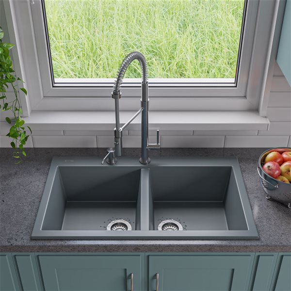ALFI brand Drop-in Kitchen Sink - Double Bowl - 33.88-in x 20.13-in - Grey