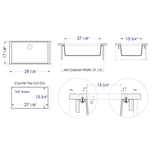 ALFI brand Undermount Kitchen Sink - Single Bowl - 29.88-in x 17.13-in - Brown