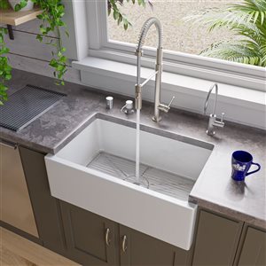 ALFI brand Apron Front/Farmhouse Kitchen Sink - Single Bowl - 30-in x 18.13-in - White