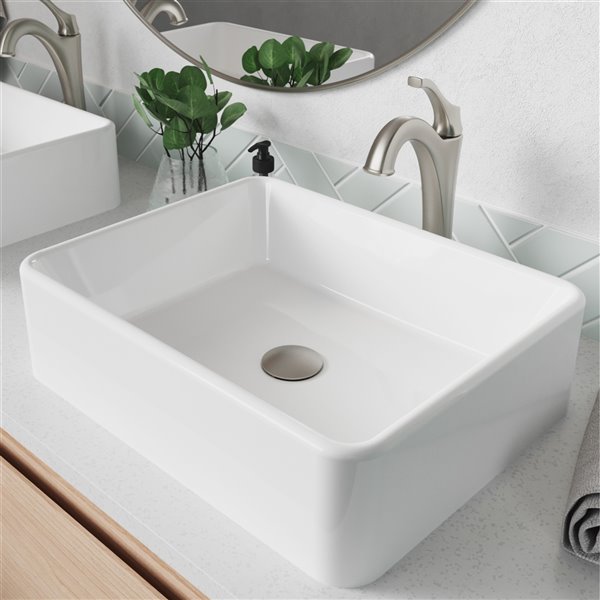 Kraus Rectangular Vessel Bathroom Sink with Arlo Faucet - 15.25-in - White