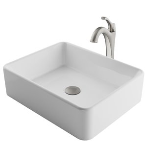 Kraus Rectangular Vessel Bathroom Sink with Arlo Faucet - 15.25-in - White