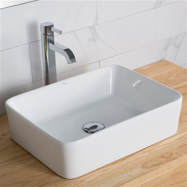 Kraus Rectangular Vessel Bathroom Sink with Ramus Faucet - 14.25-in - White