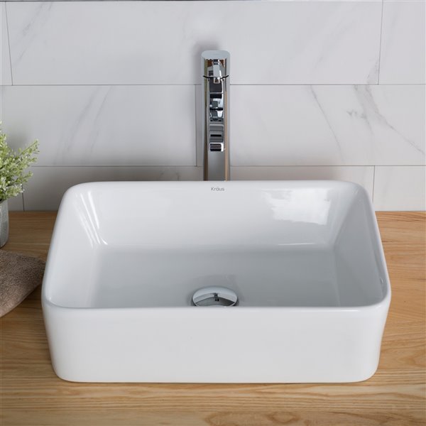 Kraus Rectangular Vessel Bathroom Sink with Ramus Faucet - 14.25-in - White