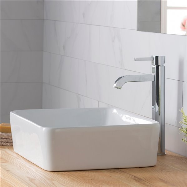 Kraus Rectangular Vessel Bathroom Sink with Ramus Faucet - 14.25-in - White