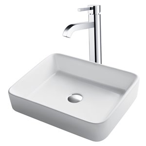 Kraus Rectangular Vessel Bathroom Sink with Ramus Faucet - 14.25-in - White