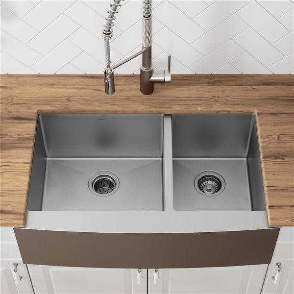 Kraus Standart PRO 35.88-In Apron Front Farmhouse Double Offset Bowl Kitchen Sink in Stainless Steel