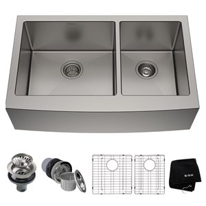 Kraus Standart PRO 35.88-In Apron Front Farmhouse Double Offset Bowl Kitchen Sink in Stainless Steel