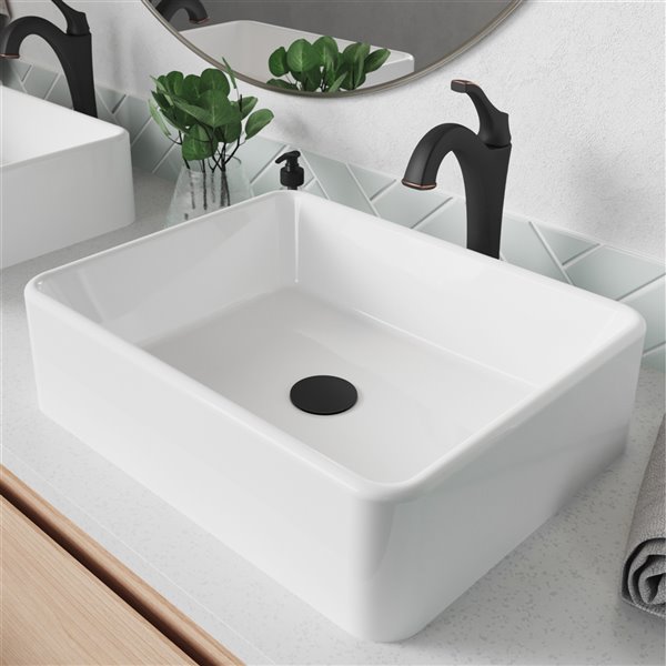 Kraus Ceramic Rectangular Vessel Bathroom Sink with Arlo Faucet - White