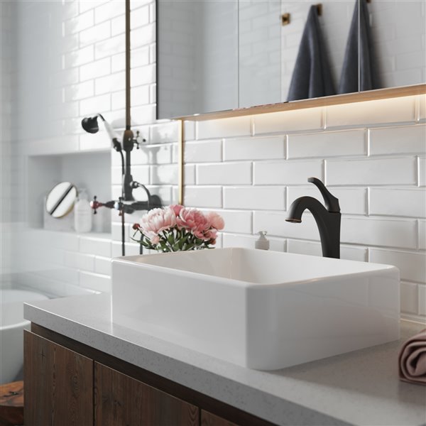 Kraus Ceramic Rectangular Vessel Bathroom Sink with Arlo Faucet - White