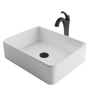 Kraus Ceramic Rectangular Vessel Bathroom Sink with Arlo Faucet - White