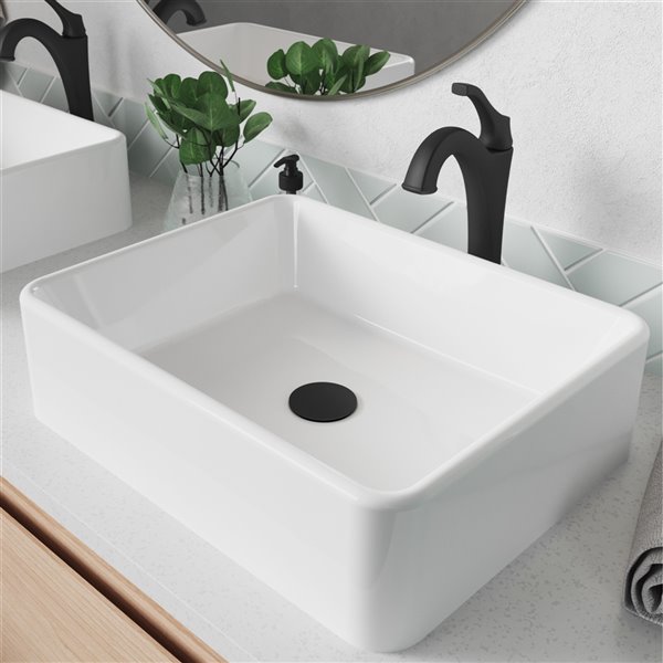 Kraus Ceramic Rectangular Vessel Bathroom Sink with Arlo Faucet - 15.25-in-White