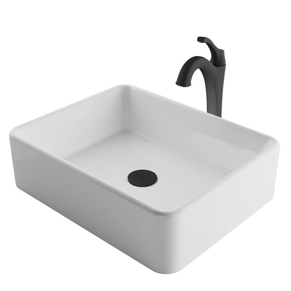 Kraus Ceramic Rectangular Vessel Bathroom Sink with Arlo Faucet - 15.25-in-White