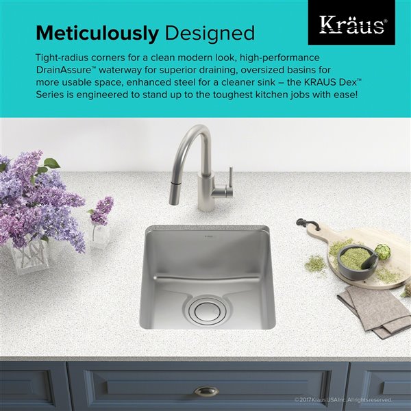 Kraus Dex Undermount Kitchen Sink - Single Bowl - 16.88-in - Stainless Steel