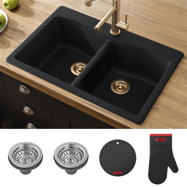 Kraus Forteza 33-in Dual Mount Double Bowl Kitchen Sink in Black