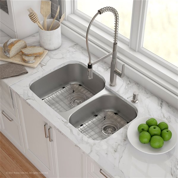 Kraus Outlast MicroShield 32-in Undermount Stainless Steel Double Bowl Kitchen Sink